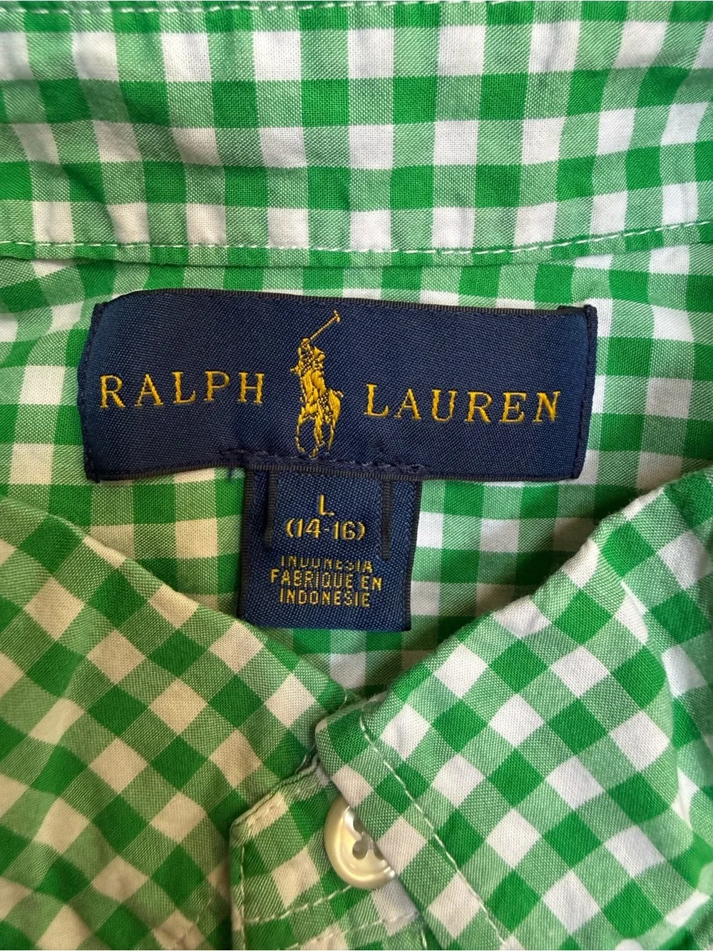 Polo Ralph Lauren Green Gingham Short Sleeve Button Down Shirt Boys L 14-16